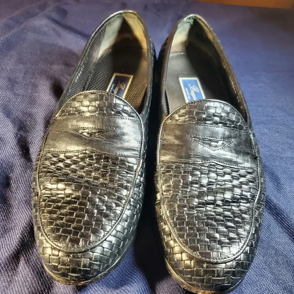 Bragano Italy Mens Size 12 Black Woven Leather Dress Shoes Slip On Loafers